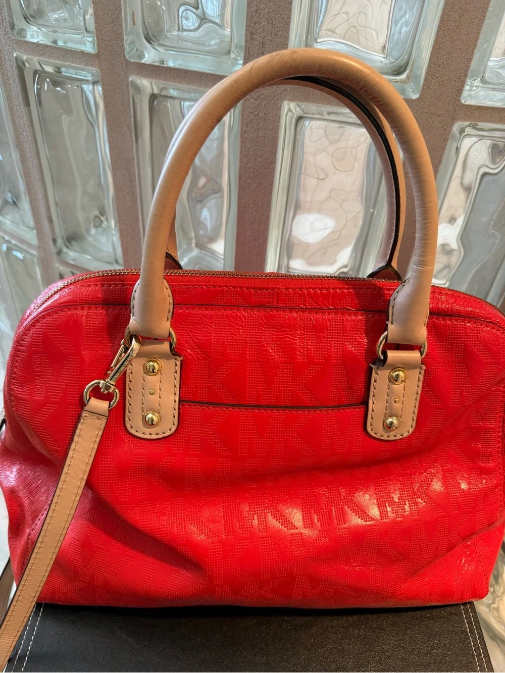 Michael Kors Reddish Orange Leather Crossbody Grayson Satchel. Tan Trim.